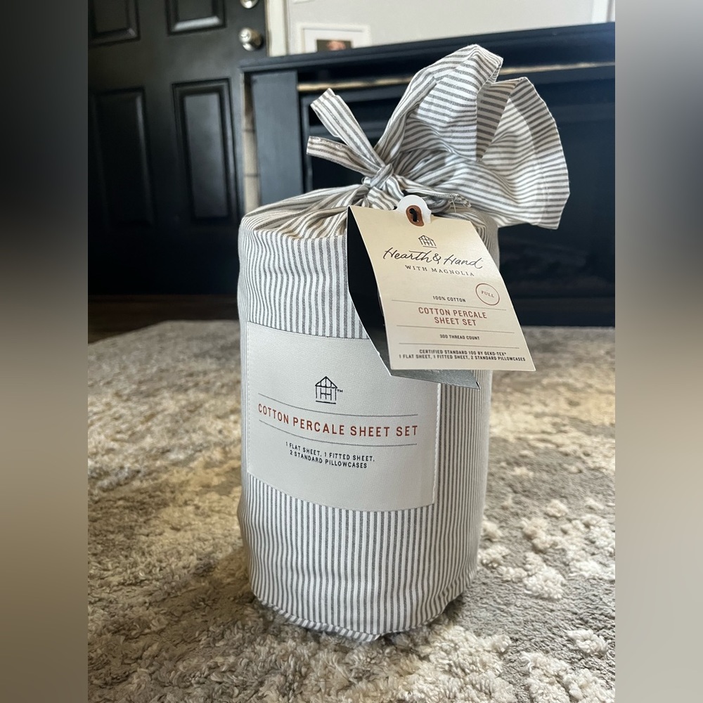 4pc Full Cotton Percale Microstripe Sheet Set Railroad Gray/White - Hearth&Hand